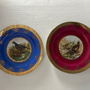 Decorative Blue and Pink Bird Motif Dessert Plates with Gold Trim